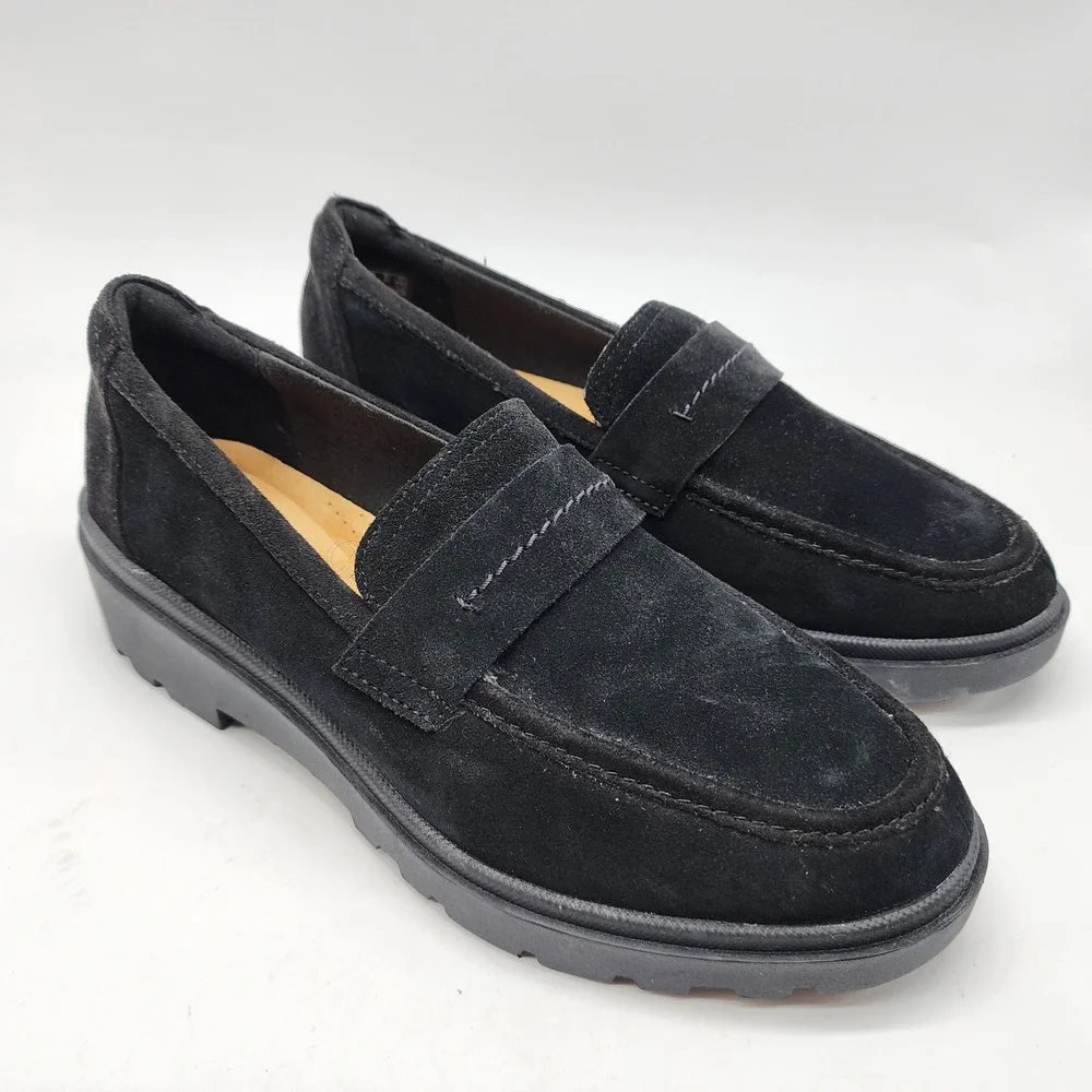 Clarks Calla Ease Loafers Women's 9 Black Suede Platform Lug Sole
